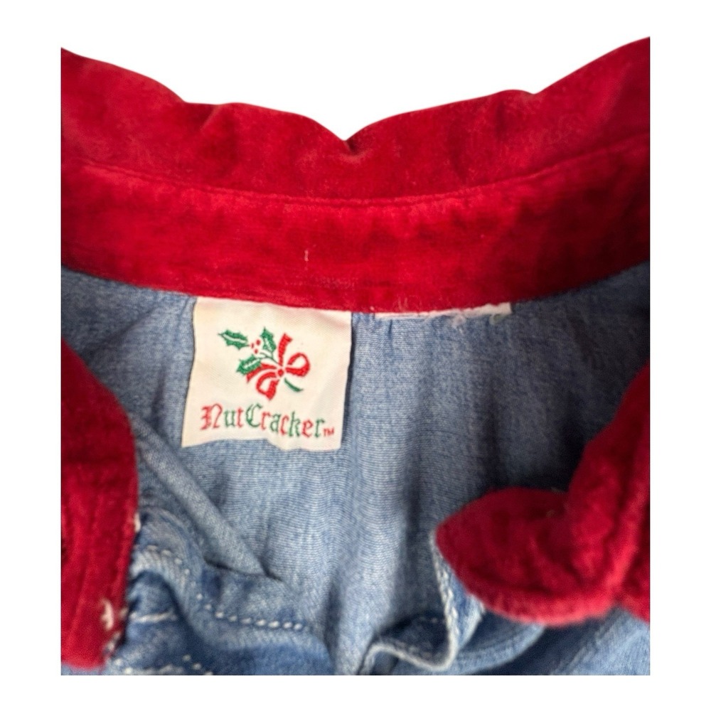 Vintage NutCracker Denim Christmas Shirt Santa Sleigh Red Collar Embroidered M - Picture 3 of 6